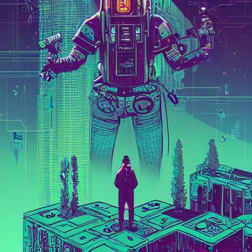 Image similar to Stunningly intricate illustration of single cyberpunk explorer overlooking lush forest, highly detailed, midnight, small glowing orbs by Josan Gonzalez and James Gilleard , Moebius, Laurie Greasley