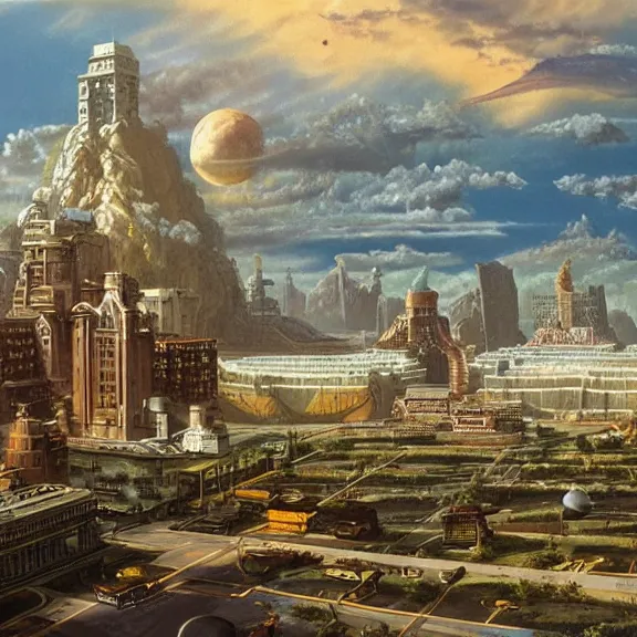 Prompt: Flan, science fiction matte painting, highly detailed, Thomas Kincaid