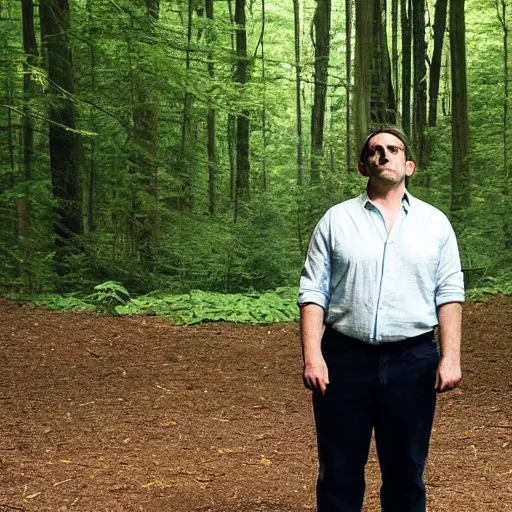Image similar to chubby Steve Carell meditate in the Forest