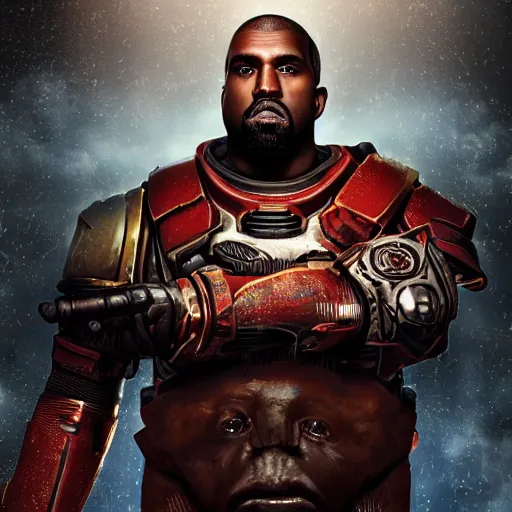Image similar to Portrait of Kanye West as the emperor of humanity from warhammer 40k in Gears of War, splash art, movie still, cinematic lighting, dramatic, octane render, long lens, shallow depth of field, bokeh, anamorphic lens flare, 8k, hyper detailed, 35mm film grain