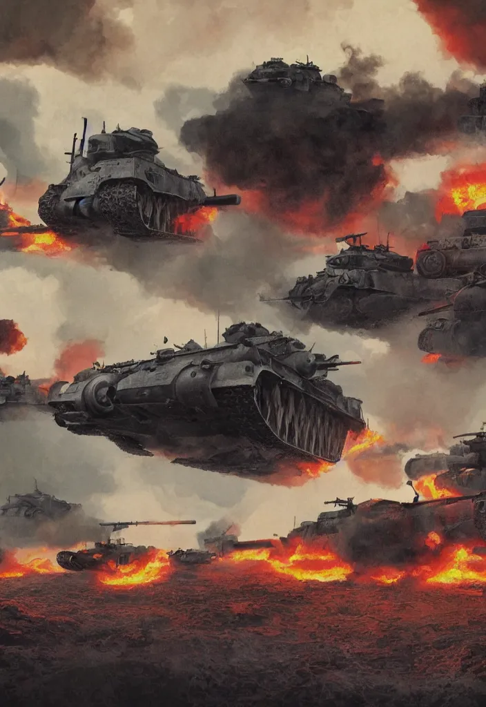 Image similar to handmade illustration of an epic World War II war scene in the winter with nazi and soviet tanks, some smoke and fire, blue sky with dramatic clouds, line art, ballpoint, oil on canvas by Kilian Eng and by Jake Parker, heavy brushstrokes, winning-award masterpiece, fantastic, octane render, 8K HD Resolution, High quality image