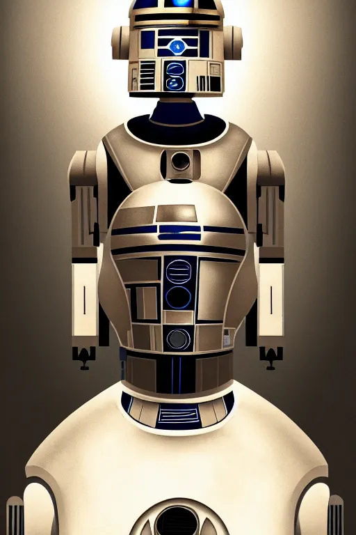 Image similar to a portrait of a random woman as r 2 d 2 droid, humanization, humanized, grim - lighting, high - contrast, intricate, elegant, highly detailed, digital painting, artstation, concept art, smooth, sharp focus, illustration