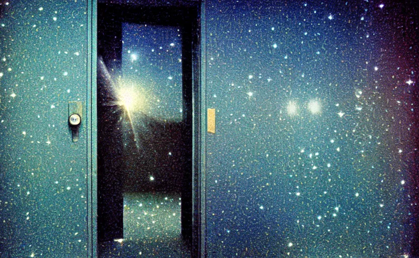 Prompt: A door opens to galaxy in the shining by stanley kubrick, shot by 35mm film color photography