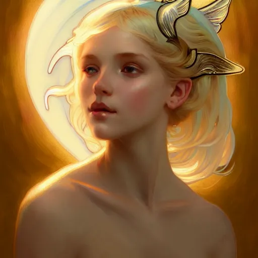 Image similar to Portrait of a girl angel with blonde hair, cat ears, glowing halo, wings, fantasy, intricate, elegant, highly detailed, digital painting, artstation, concept art, smooth, sharp focus, illustration, art by Krenz Cushart and Artem Demura and alphonse mucha