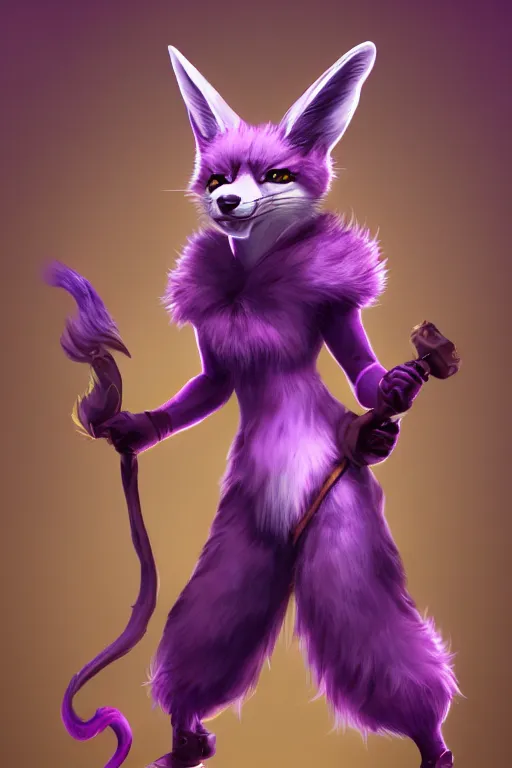 Prompt: Anthropomorphic purple fennec character, kung fu, high fantasy, World of Warcraft, lavenderfennec, splashcreen character art, artstationhd, trending on artstation, detailed fur, beautiful cinematic