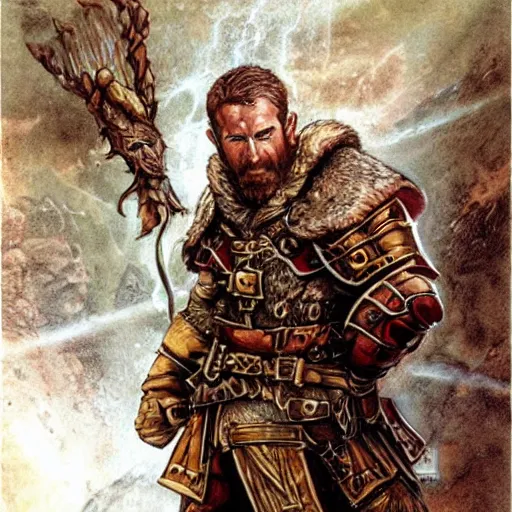 Prompt: ryan reynolds as a d & d dwarven cleric, by simon bisley