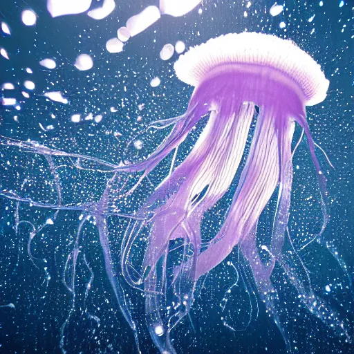 Prompt: A photo of jellyfish floating in the ocean beeing hitted by sunlight rays, 35mm lens, photorealistic, high detailed