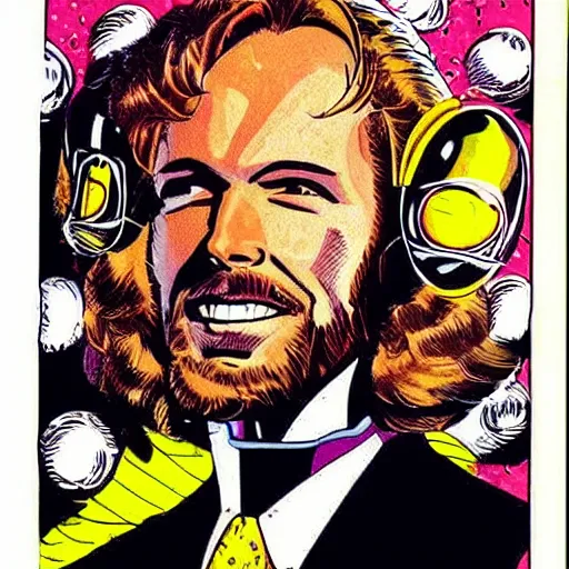 Image similar to 80s comic book sci-fi space ship in the shape of bee gees barry gibb's head, flying through outer space,