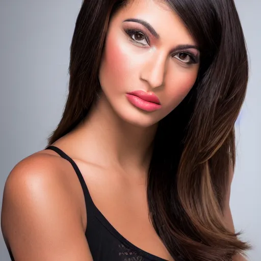 Image similar to a portrait photograph of a glamorous, curves, stunning, venezuelan supermodel, canon 8 5 mm f 1. 2 photograph head and shoulders portrait