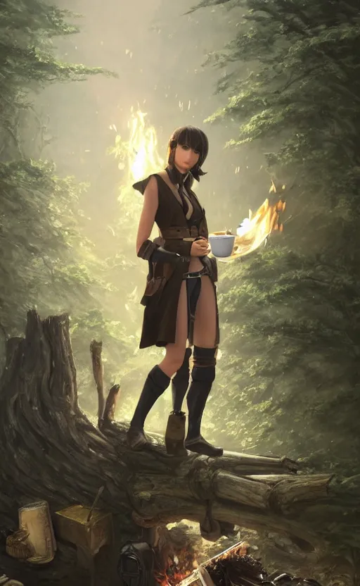 Prompt: a girl from final fantasy live action, with short black hair and green eyes in a tan trenchcoat sitting on a log and drinking tea by the campfire by her dieselpunk motorcycle at night, award winning, masterpiece digital painting by greg rutkowski, alex grey, artstation, 4 k wallpaper