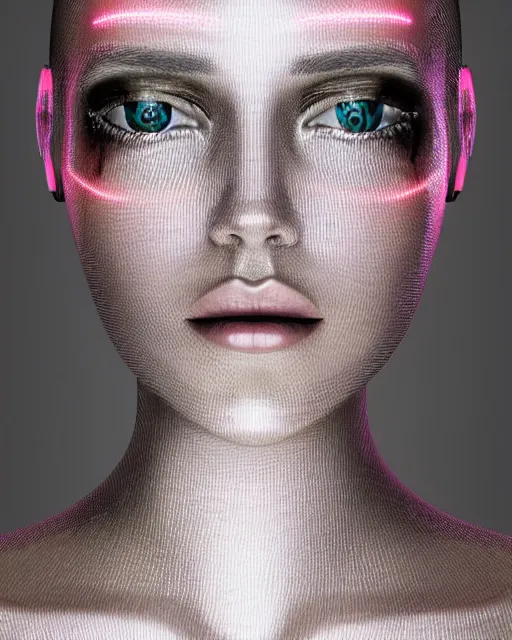 Image similar to fashion portrait, most beautiful girl in the world, glowing cybernetic augments, hyperrealism, year 2447, cdx