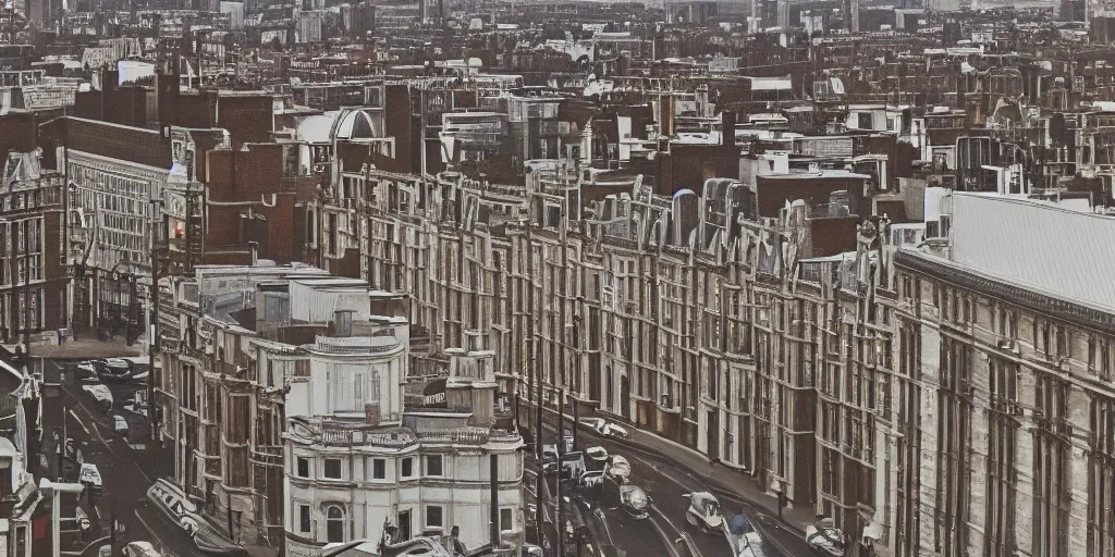 Prompt: a real photo of a beautiful london street viewed from a very far away skyscraper's window, by william eggleston, color photography, ultra detailed, cinematic, 4 k uhd