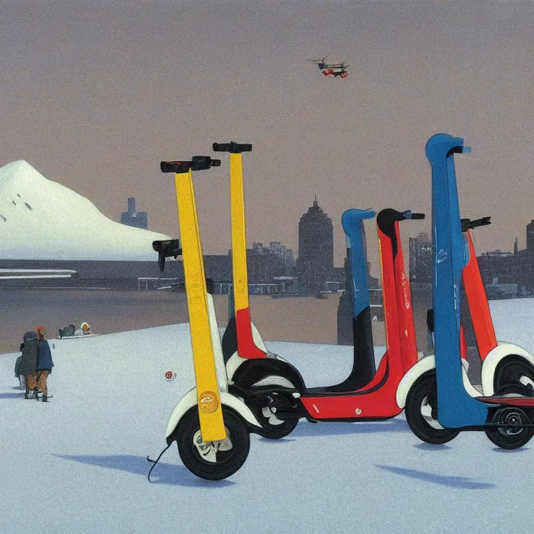 Image similar to electric scooters with magnets that fly over ice, by kawase hasui, moebius and edward hopper, colorful flat surreal design, hd, 8 k, artstation