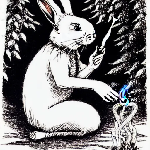 Image similar to a pen and ink drawing of a white rabbit smoking a cigarette while reclining in a deep dark tangled forest, a lingering smoke cloud, childrens book illustration, by edward gorey, by gustav dore