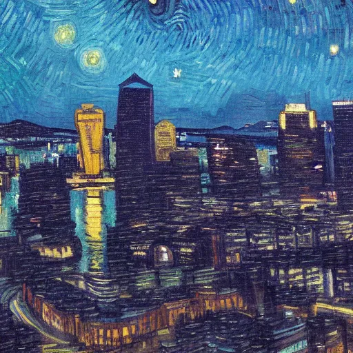 Image similar to downtown Seattle at night, 4k, by VanGogh