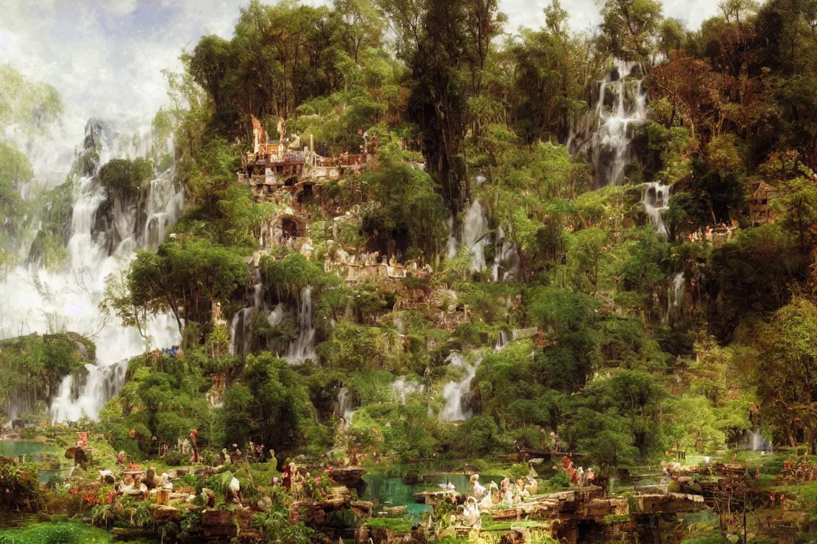 Image similar to a small village by a lake, waterfalls, cascades, very detailed, by john berkey, albert bierstadt, ruan jia, lawrence alma tadema, zdzislaw beksinski, carl spitzweg, everett raymond kinstler, norman rockwell, jack kirby, tom lovell, greg staples