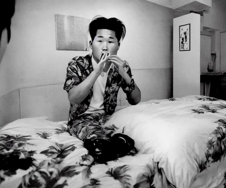 Image similar to hyperralism pineapple express movie still photography of detailed north korean kim chen with detailed face smoking weed in basement bedroom photography by araki nobuyoshi