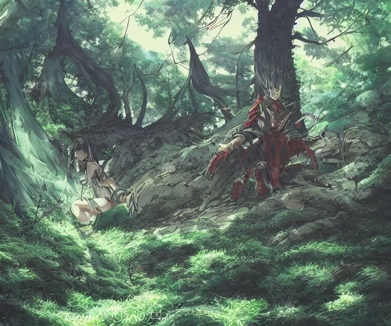 Image similar to beetle in a forest, anime fantasy illustration by tomoyuki yamasaki, kyoto studio, madhouse, ufotable, comixwave films, trending on artstation