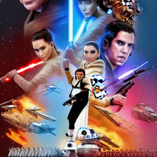 Image similar to super detailed star wars movie poster with ben shapiro, snooki and kim kardashian, 8k full HD photo, cinematic lighting, anatomically correct, oscar award winning, action filled, correct eye placement,