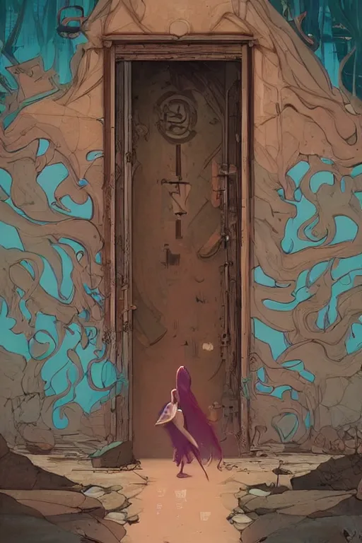 Prompt: a girl walking to a giant wooden door with archaic symbols embedded onto, digital art, very graphic illustration by peter mohrbacher and victo ngai, colorful comics style