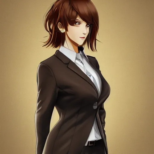 Image similar to woman in business suit, brown neat hair, animesque, pixiv, fanbox, trending on artstation, portrait, modern, sleek, highly detailed, formal, serious, determined, competent, colorized, smooth, charming, pretty, safe for work, law office