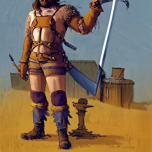 Image similar to hardwon surefoot, hirsute epic level dnd human fighter, wielding a magical sword, wearing magical overalls. thick quads. full character concept art, realistic, high detail digital gouache painting by angus mcbride and michael whelan.