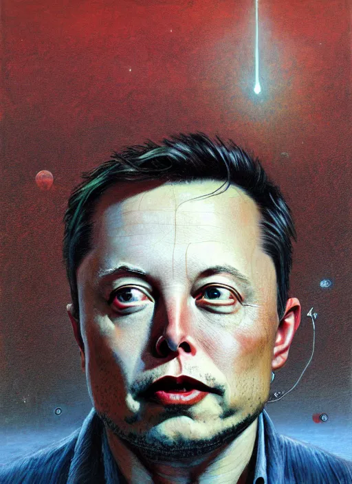 Image similar to A painting of Elon Musk in style of Beksinski. Very detailed