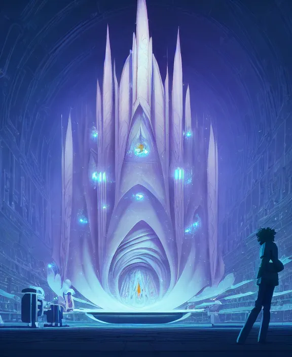 Image similar to simplicity, a small cathedral made out of biological creature forms, in the style of a spaceship, magic spells in the air, by dan mumford, yusuke murata, makoto shinkai, ross tran, cinematic, unreal engine, cel shaded, featured on artstation, pixiv