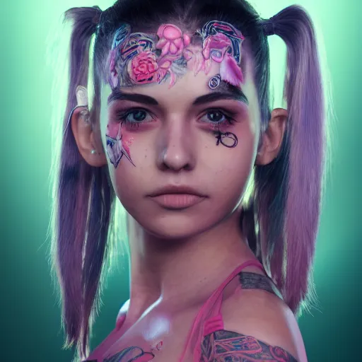 Image similar to An octane 3d render of a girl with pink pigtails, and face tattoos, 8d, HD, hyper detailed, intricate details, photorealistic, dynamic lighting, stunning visuals, creative, trending on art station,