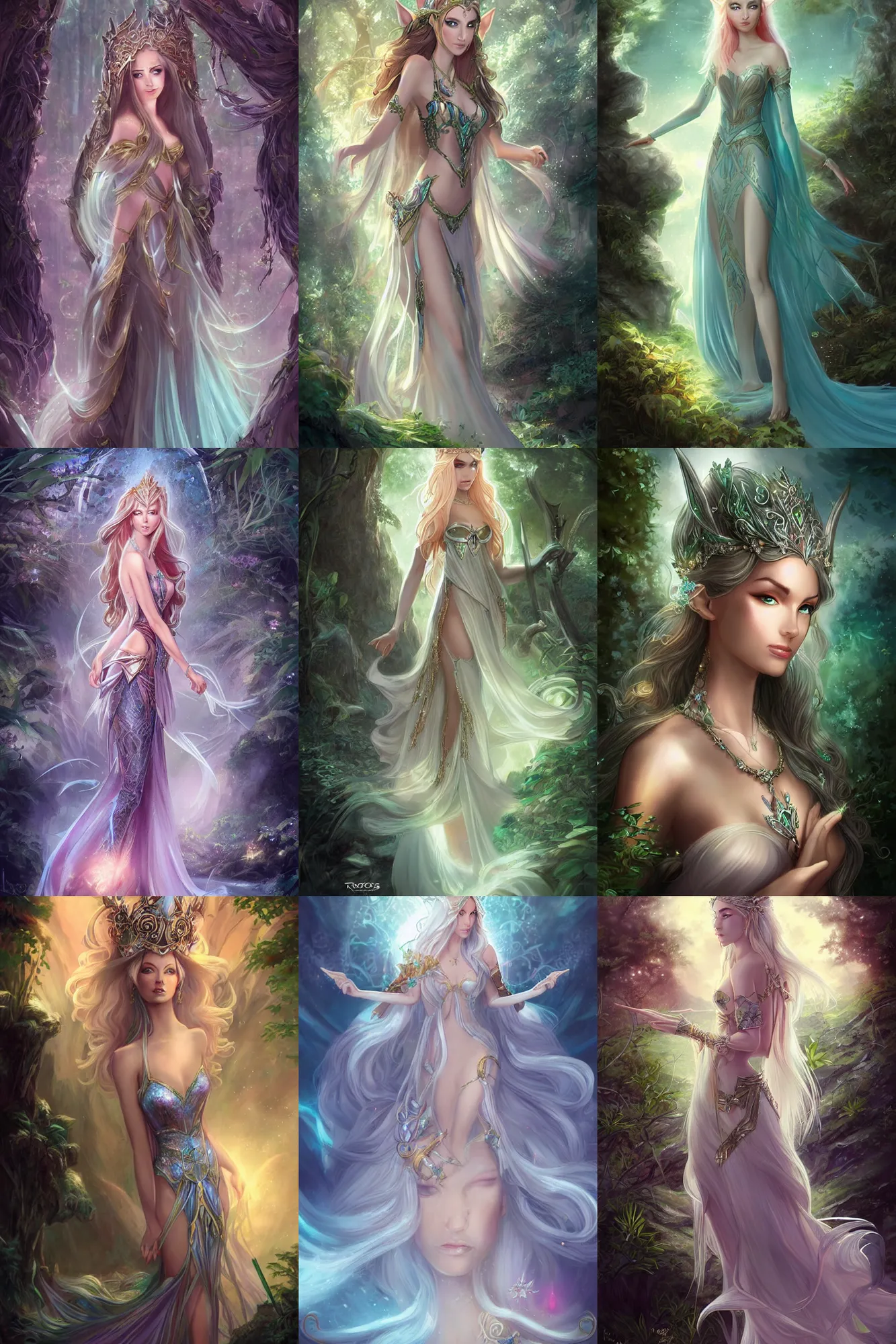 Prompt: elven princess goddess by Ross Tran and Thomas Winters, elegant jewelry, iridescent gown, nature background