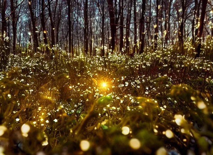 Prompt: a magical forest with delicate flowers and mushrooms that glow in the dusk, macro close up, bokeh,