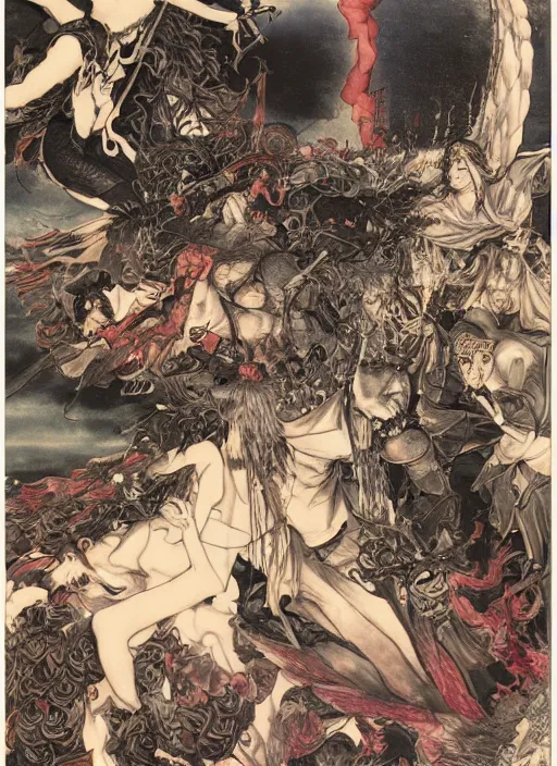 Prompt: battle between good and evil , battle between angels and demons, by and Austin Osman Spare and Takato Yamamoto and Yoshitaka Amano, high resolution, ultra detailed