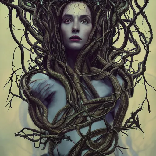 Prompt: dramatic portrait of the dark goddess of snakes, wearing a crown of thorned vines, blue skin, wrapped in snakes, realism, dark fantasy illustration, surrounded by twisting forest, dynamic lighting, detailed textures, octane render, artstation