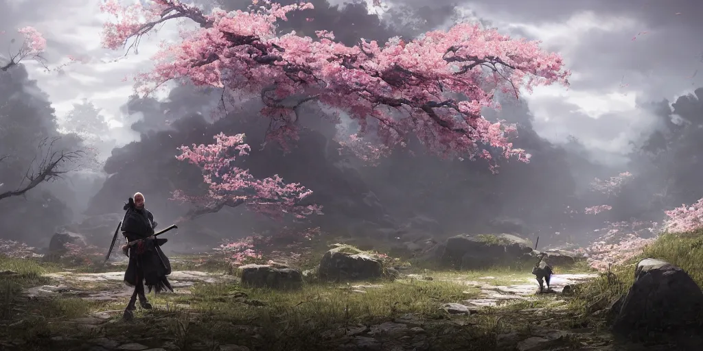 Image similar to an environmental concept art of ghost of tsushima, samurai duel, sakura petals blowing in the wind, highly detailed, directional light, cinematic by francis tneh