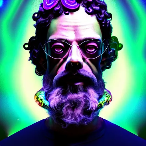 Image similar to terence McKenna posing seductively with psychedelic mushrooms, psychedelic, fractal, cinematic lighting, dramatic, octane render, full body, trending on artstation, perfect facial symmetry, bokeh, 8k, intricate, hyper detailed