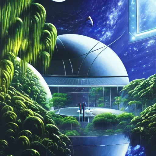 Image similar to a cinematic view of an orbital space habitat, large indoor greenhouse with exotic plants, retrofuturism, sci - fi art, oil on canvas, nebula waterfalls, hard sufaces, details, hyper - detailed, hd, hdr, 4 k, 8 k