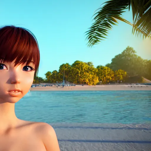 Image similar to Render of a very beautiful 3d anime girl, short hair, golden eyes, cute freckles, full round face, short smile, slim bikini, golden hour, serene beach setting, sun setting in the back, medium shot, mid-shot, highly detailed, trending on Artstation, Unreal Engine 4k
