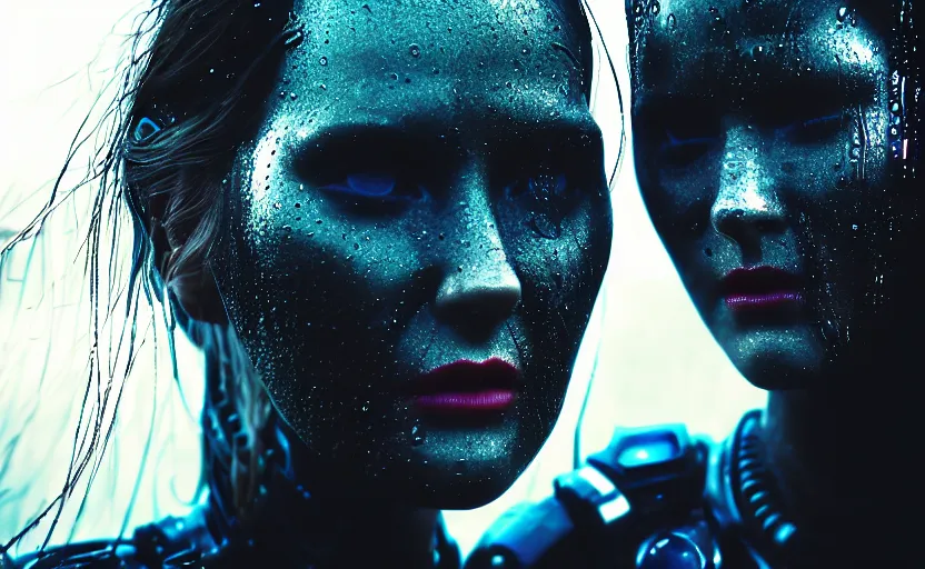 Image similar to cinestill 5 0 d candid photographic portrait by christopher nolan of two loving female androids wearing rugged black mesh techwear in treacherous waters, extreme closeup, modern cyberpunk retrofuturism moody emotional cinematic, pouring iridescent rain, 8 k, hd, high resolution, 3 5 mm, f / 3 2, ultra realistic faces, ex machina