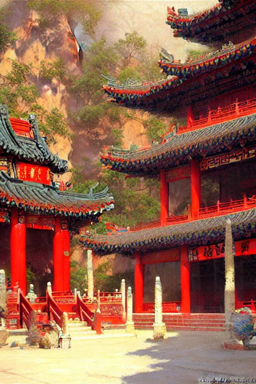 Image similar to Chinese temple, painting by Gaston Bussiere, Craig Mullins