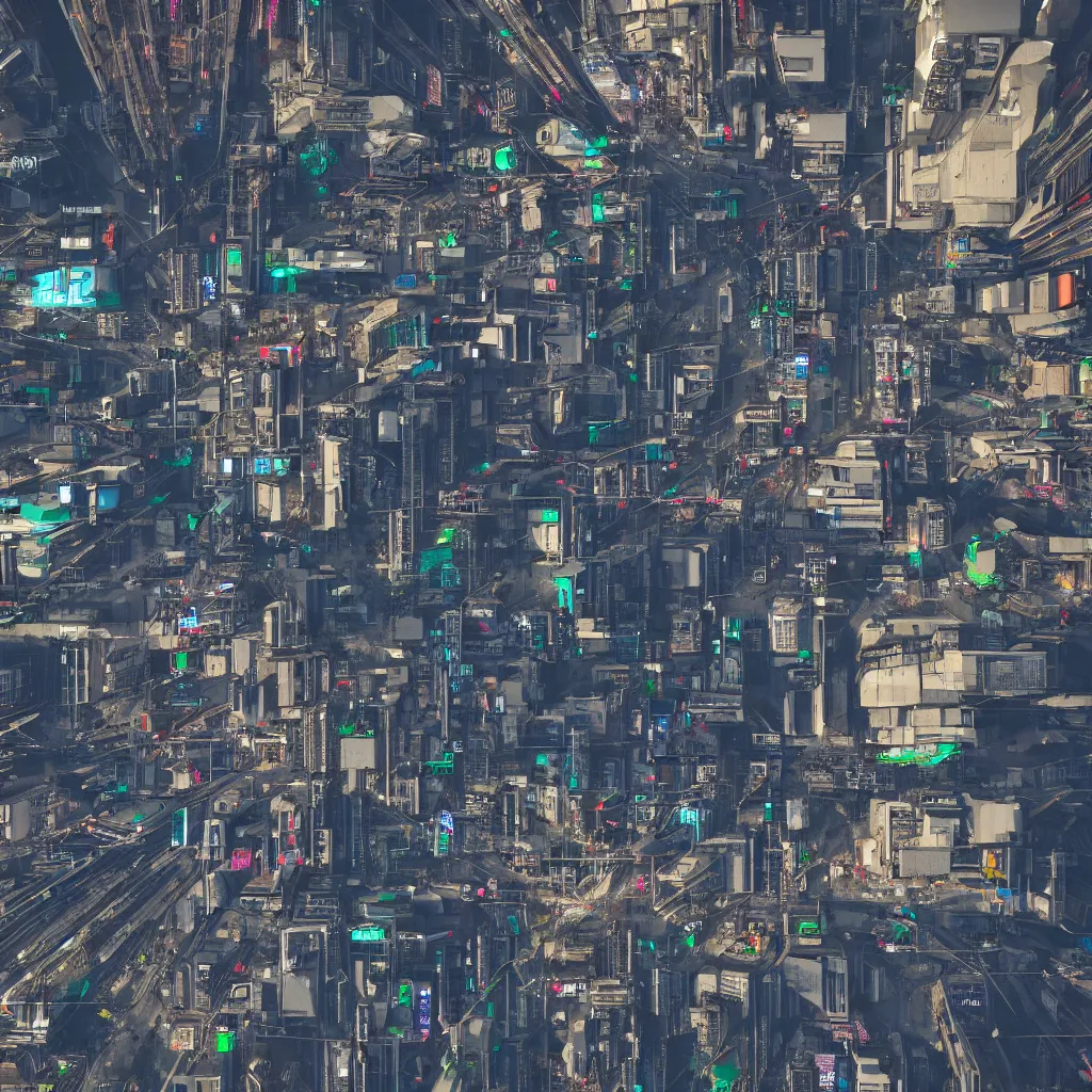 Image similar to eagle-eye view of street. Cyberpunk futurepunk advanced civilisation.