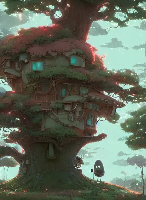 Image similar to a cute house in a giant tree, nuclear powered, detailed, futuristic, cory loftis, james gilleard, atey ghailan, makoto shinkai, goro fujita, studio ghibli, rim light, exquisite lighting, clear focus, very coherent, plain background