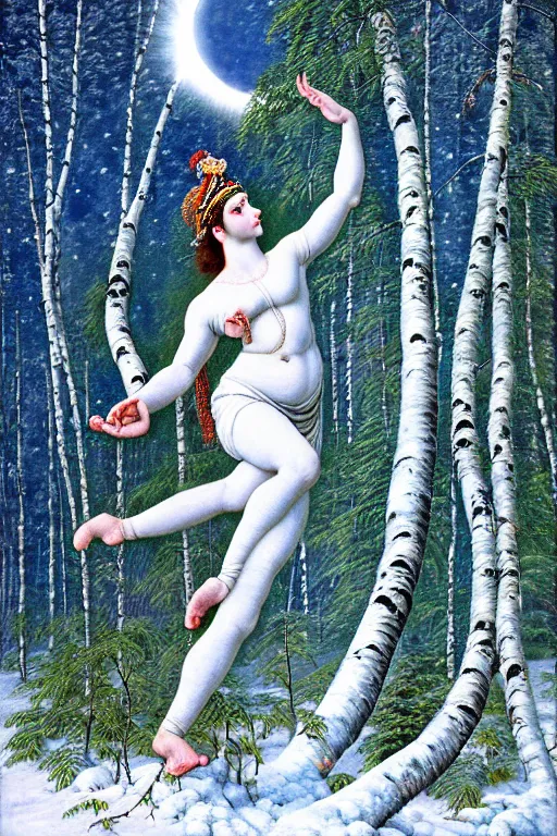 Image similar to ivan shishkin style nataraja dancing in a winter birch grove and raising snow clouds during a solar eclipse, visionary art style