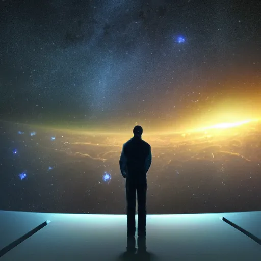 Prompt: man standing on the command bridge of a massive spaceship, looking at the planet below, in a nebula, photorealistic, tons of stars, cybrogs on computers in the background