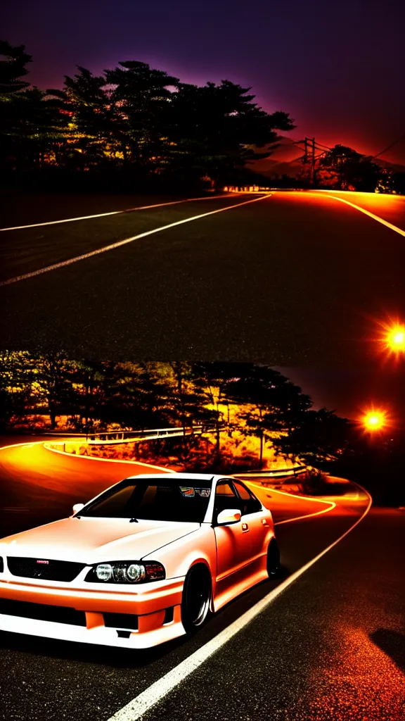 Image similar to a car drift spec JZX100 in middle of road, gunma prefecture, city sunset night, cinematic color, photorealistic, highly detailed