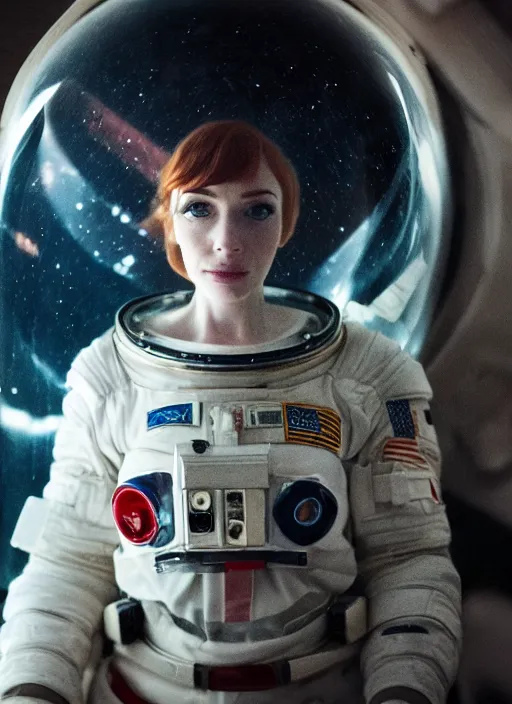 Image similar to photograph portrait of a very pretty!!! christina hendricks in interstellar, symmetric face, petzval lens. out of focus, in an astronaut costume. futuristic helmet with neck protection, space station. by alesio albi and george lucas and stanley kubrick