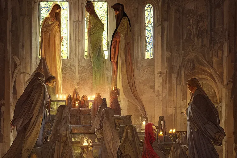 Prompt: inside the sepulchre, dark scene, light coming in from the left, steps leading down, 3 marys crouching in colored robes at the tomb | medium close | fibonacci composition, by artgerm, greg rutkowski, paul bagshaw, alphonse mucha