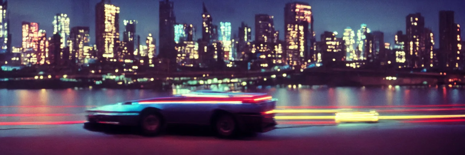 Image similar to 8 0 s neon movie still, portrait of a single car by the river with city in background, medium format color photography, blurred background, movie directed by kar wai wong, hyperrealistic, photorealistic, high definition, highly detailed, tehnicolor, anamorphic lens