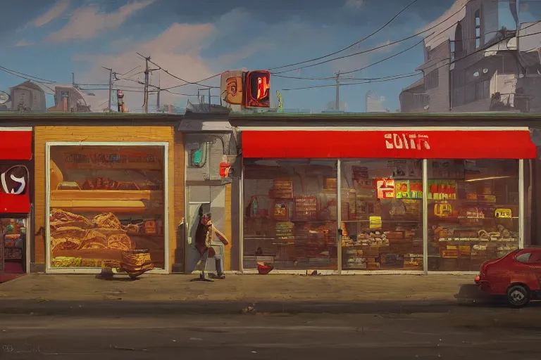Image similar to a painting of a store with a lot of food, a photorealistic painting by Simon Stålenhag, featured on cgsociety, photorealism, 2d game art, hyper-realistic, hyper realism