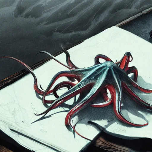 Prompt: pichacu cooks a squid, drawing, detailed, art by sung choi, greg rutkowski, peter konig