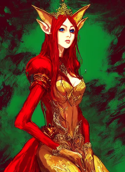 Image similar to Half body portrait of a beautiful red haired elven queen in red and green dress with golden crown sitting on a throne with haughty look. In style of Yoji Shinkawa, dark fantasy, great composition, concept art, brush strokes.
